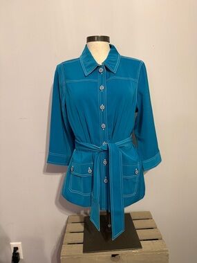 Susan Graver Teal Blue Button-Front Belted Tunic Jacket